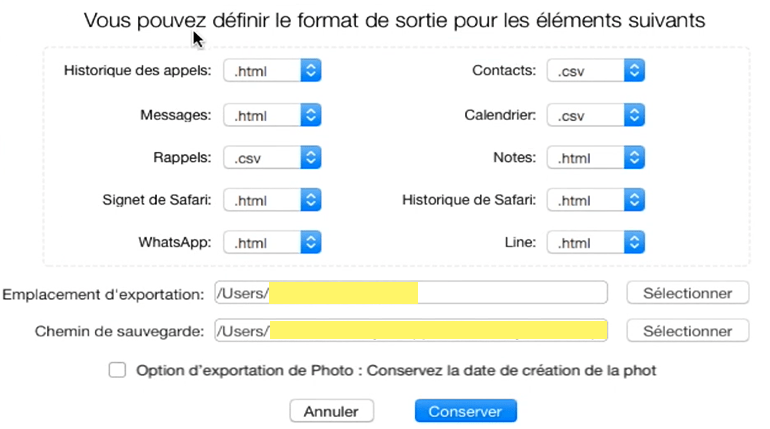format sortie donnees recuperees phonerescue