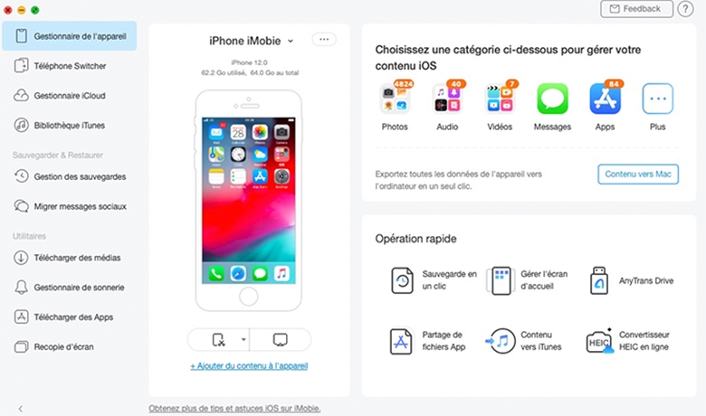 menu gestionnaire appareil mobile anytrans