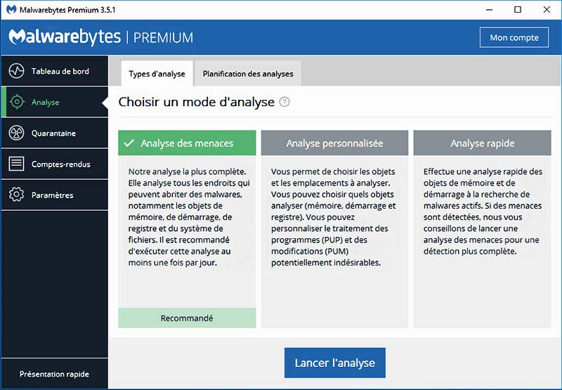 choisir mode analyse malwarebytes premium