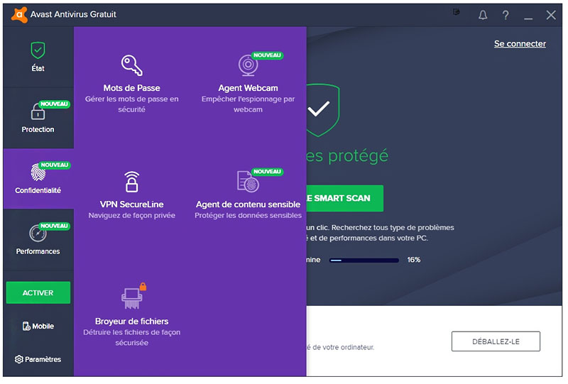 interface utilisateur avast