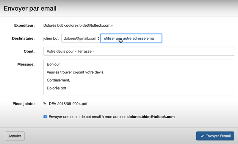 tolteck envoyer devis mail
